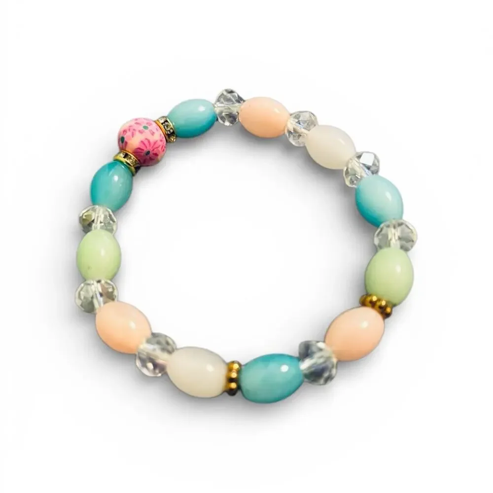 Kids Pastel Beaded Stretch Bracelet Floral Accent Rhinestone Gold Tone‎